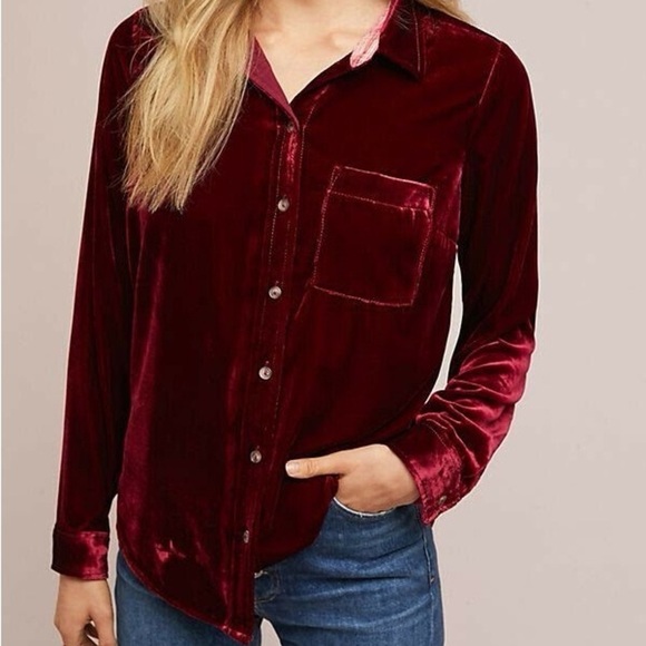 Maeve Tops - Maeve Velvet Button Down Red Shirt Burgundy